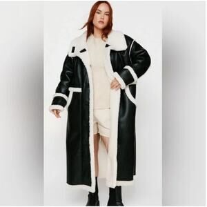NWT NASTY GAL BONDED AVIATOR BLACK FAUX LEATHER SHERPA FULL LENGTH BIKER COAT